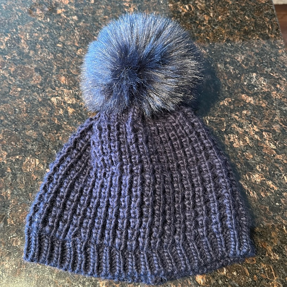 Navy Blue knit hat with Large Pom Pom